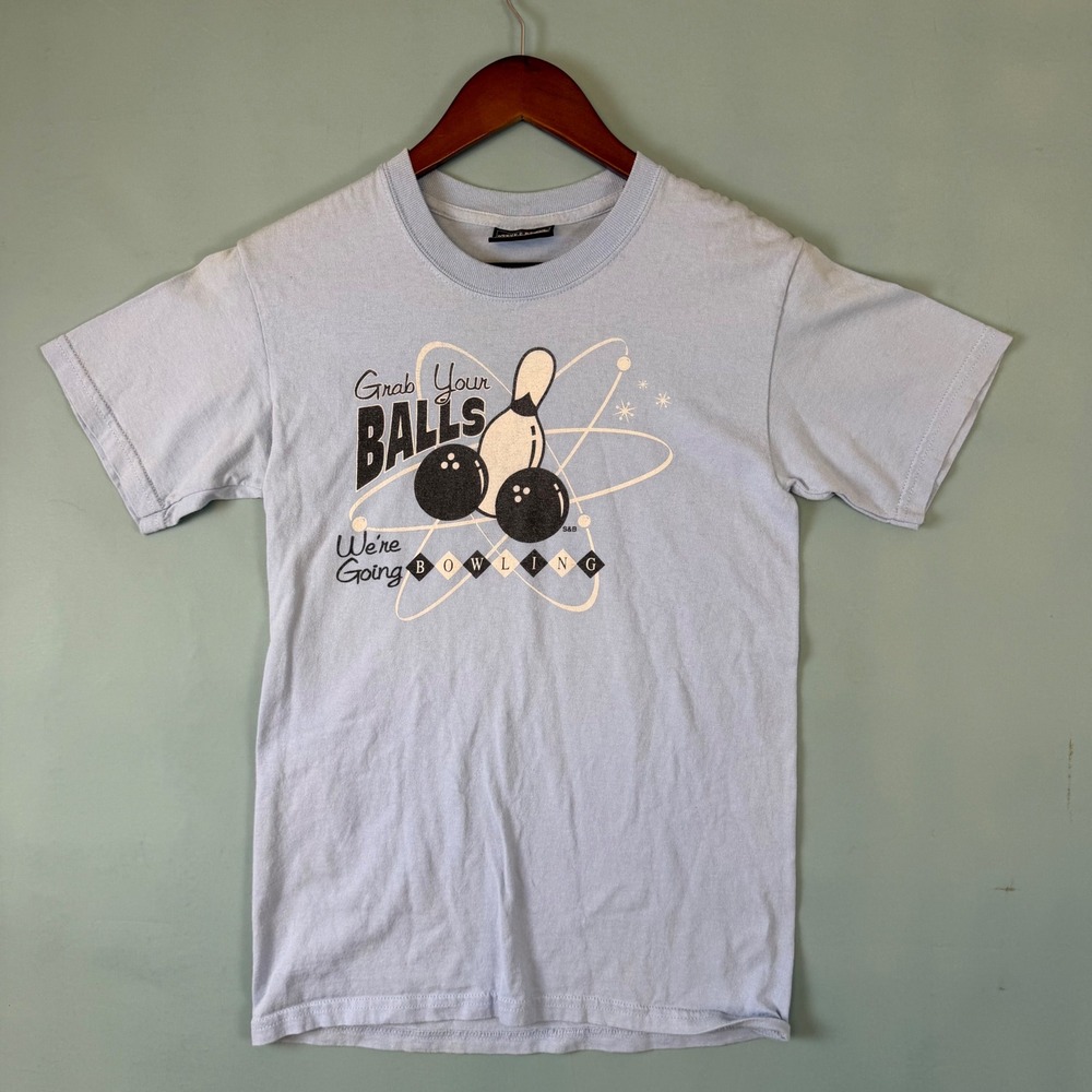 Vintage Y2K Steve & Barry's Men's S Light Blue Grab Your Balls Bowling T-Shirt
